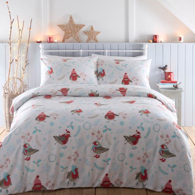 Robins Festive Soft Easy Care Bed Linen Bedding Duvet Cover Quilt Set With Pillow Cases White Double