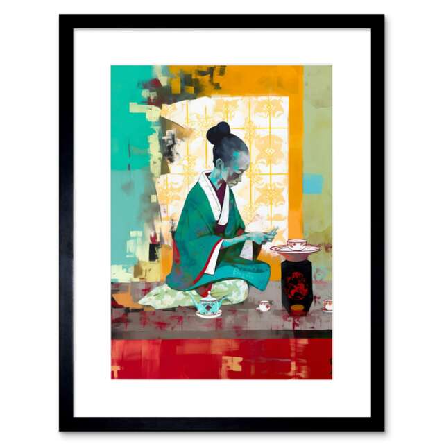"Traditional Japan Tea Ceremony Scene 9x7"" Black Framed Wall Art Print"
