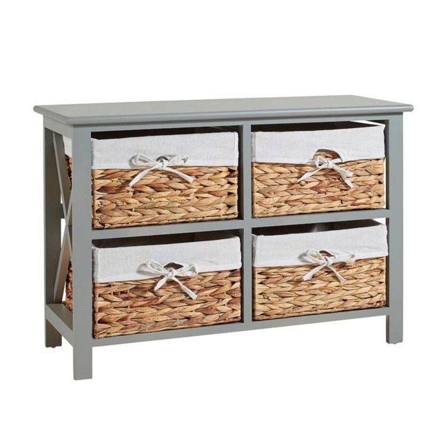 Wooden Storage Units 4 Drawer Chest Water Hyacinth Basket Organiser Fully Assembled Grey