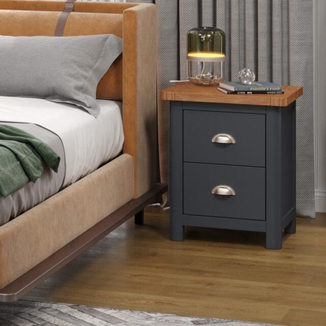 Dunkeld 2 Drawer Bedside Cabinet - Midnight Blue Finish with Traditional Solid Wood and Antique Waxed Hardwood Top Blue Midnight Blue One Size 1