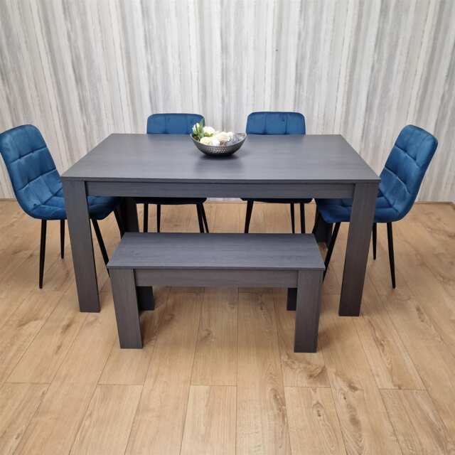 Dining Table and 4 Blue Velvet Chairs with Bench Black Wood Furniture