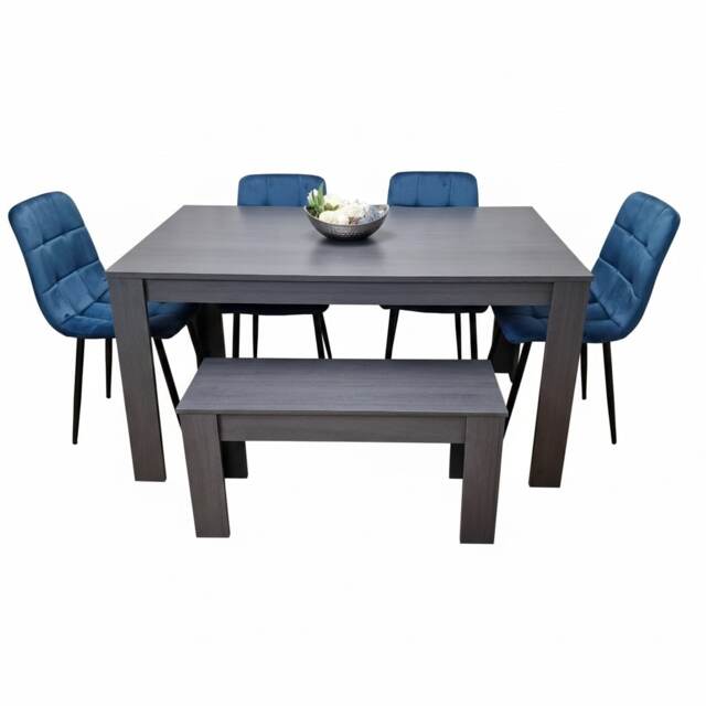Dining Table and 4 Blue Velvet Chairs with Bench Black Wood Furniture