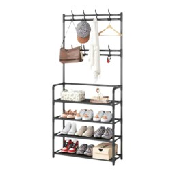 Industrial Metal Hall Tree Shoe Rack with Clothes Hangers Black Multi One Size
