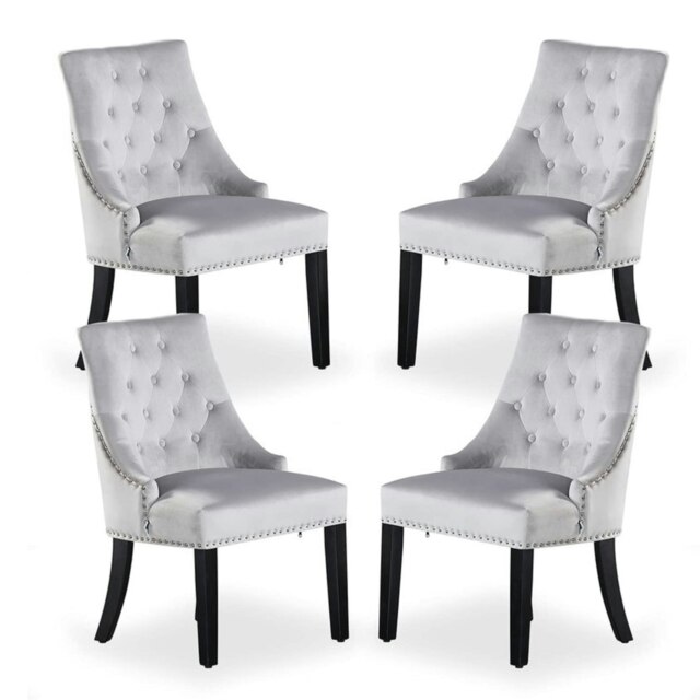 Set of 4 Velvet Dining Chairs Ergonomic Scoop Knockerback & Button Tufted Wood Legs Grey Light Grey