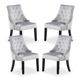 Set of 4 Velvet Dining Chairs Ergonomic Scoop Knockerback & Button Tufted Wood Legs Grey Light Grey