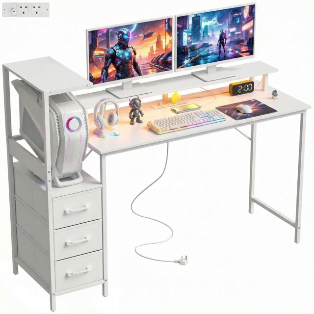 HOMCOM 147cm Gaming Desk with Charging Station and RGB Lights, White White White 147 x 47 x 110-130 cm