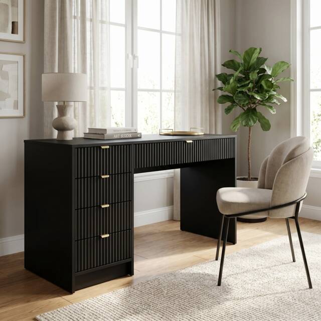 Desk for Home Office Workstation Tireno Black Molet Laminated Wood Fluted Front Drawers Modern Study Furniture for Bedroom Studio