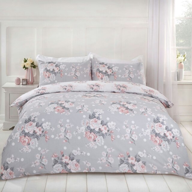 OHS English Rose Duvet Cover and Pillowcase Set, King - Grey