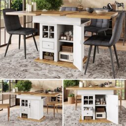 VILUXE 110-140 cm Extendable Dining Table with Adjustable Storage Shelves, Magnetic Soft-Close Doors and Double-Sided Extension, White