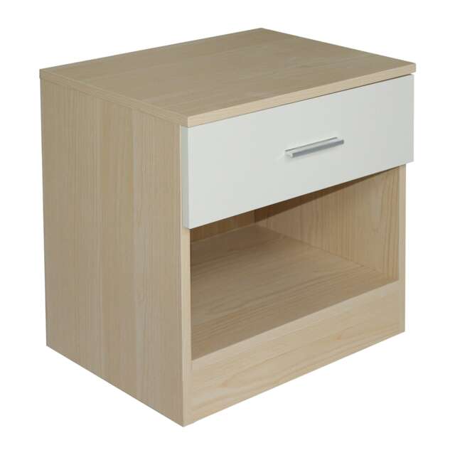 Modern Bedside Table with Drawer and Open Shelf High Gloss In Oak and Cream Cream