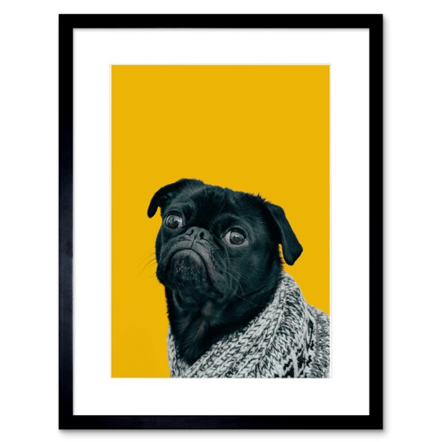 "Cute Black Pug Puppy in Sweater Dog Lover 9x7"" Black Framed Wall Art Print"