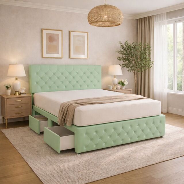 5FT Kingsize Mint Plush Velvet Divan Bed With Headboard & Footboard and Memory Sprung Mattress No Drawers