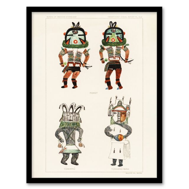 "Drawing from Hopi Natives Hopi Kachinas Vintage Framed Wall Art Print 12X16"""