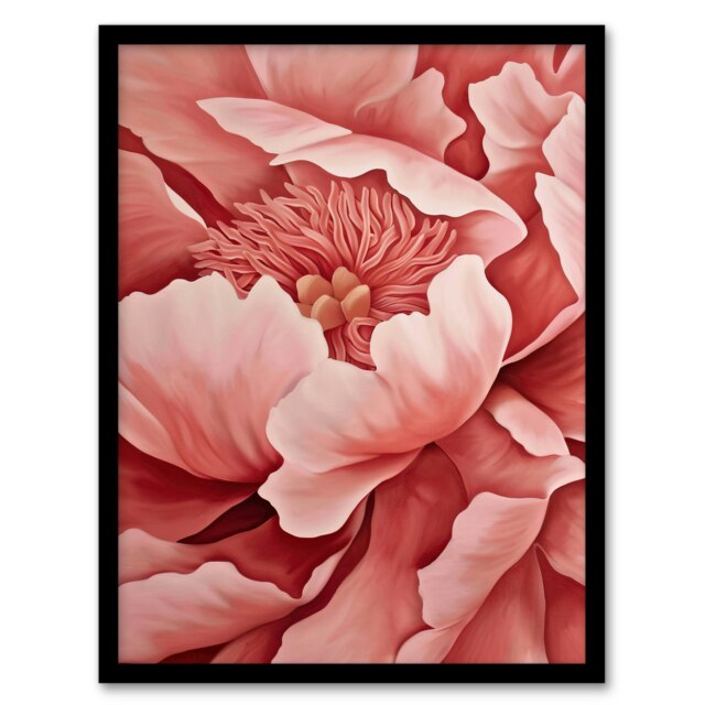 Coral Pink Peony Magnified Zoom Floral Black Framed Wall Art Print A4