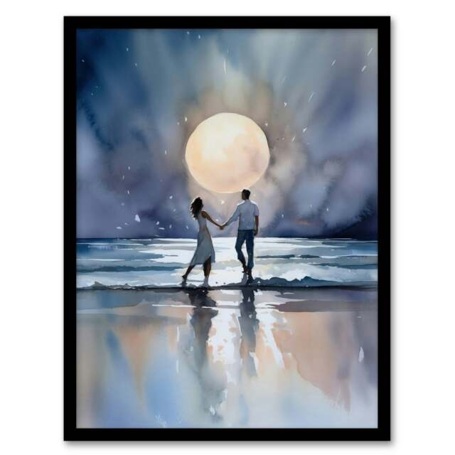 You Me Full Moon Watercolour Orange Couple Black Framed Wall Art Print A4
