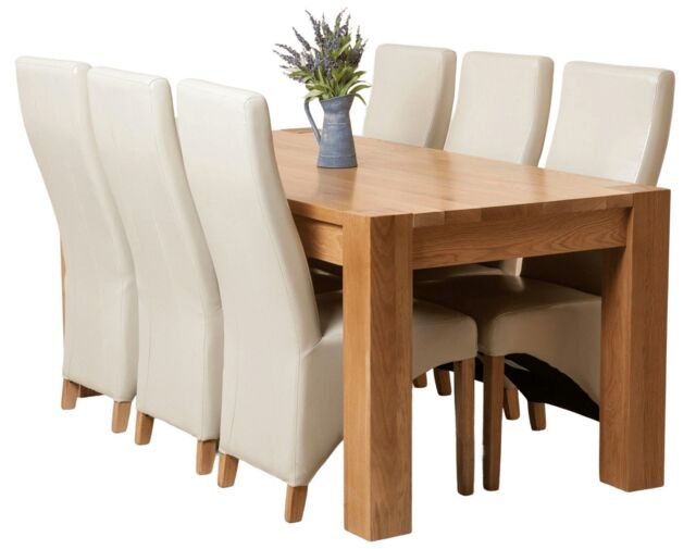 Kuba 180 x 90 cm Chunky Oak Dining Table and 6 Lola Leather Chairs Cream Cream
