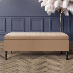90cm Paris Plain Ottoman Storage Bench -Naples Shoes Bench with Black Turned Wooden Legs - Beige Upholstery Storage Footstool