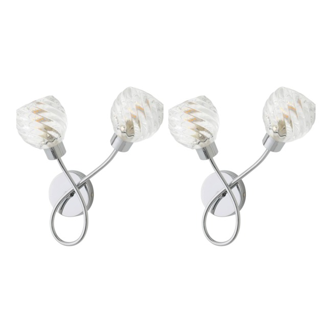 ValueLights Reyka Pair Chrome 2 Way Wall Lights Swirl Glass Shades and Bulbs