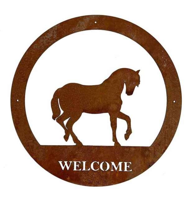 Horse Welcome Wall Art - Small - Steel - W29.5 x H29.5 cm - Bare Metal/Ready to Rust Brown
