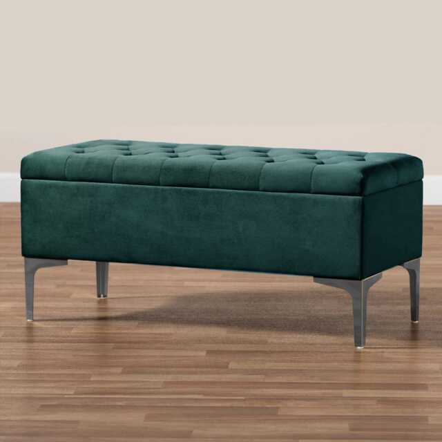 Modena Storage Ottoman Bench, Ottoman Footstool with Legs, 120cm Plush Velvet Upholstered End of Bed Bench, Emerald Green