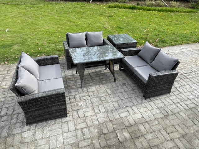 Fimous 6 Seater Rattan Wicker Garden Furniture Patio Conservatory Sofa Set with Rectangular Dining Table Love Seat Sofa Side Table