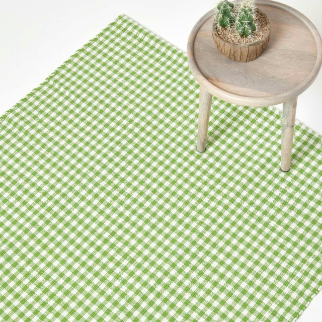 Homescapes Cotton Gingham Check Rug Hand Woven Green White - 60 x 90 cm Green Green