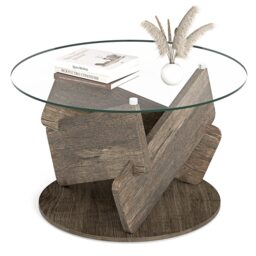 COSTWAY Round Glass Coffee Table 81cm Modern Center Table Grey