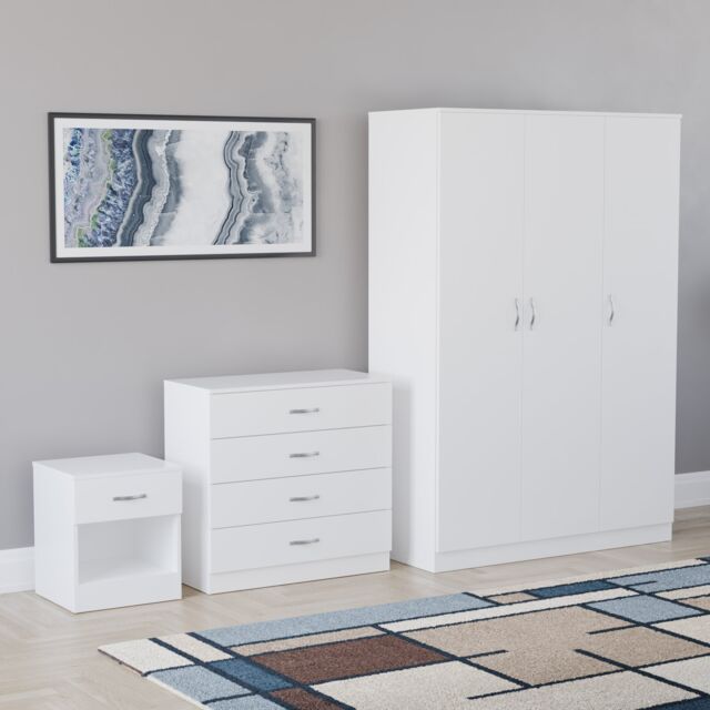 Vida Designs Riano 3 Piece Bedroom Set (1 Drawer Bedside Chest, 4 Drawer Chest, 3 Door Wardrobe), White (5)