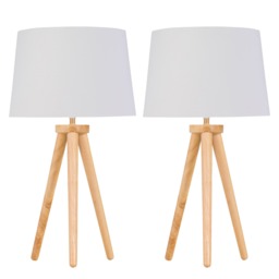 Set of 2 Light Oak Table Lamp or Bedside Lights with White Gold Shades Brown White Large 2