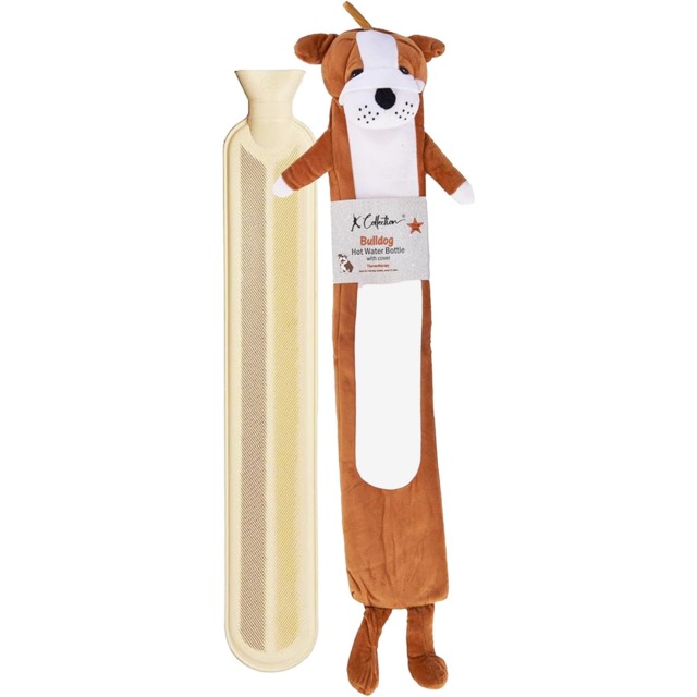 K Collection Bulldog Extra Long 2L Hot Water Bottle And Cover Brown Brown/White One Size 1