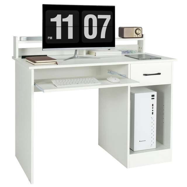 COSTWAY Wooden Computer Desk W/ Keyboard Tray Workstation White White