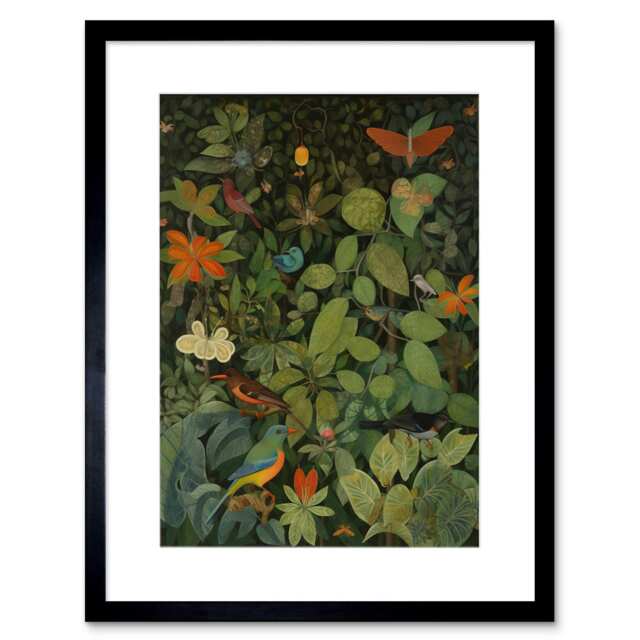 "Audubon Style Birds Insects Jungle 9x7"" Black Framed Wall Art Print"