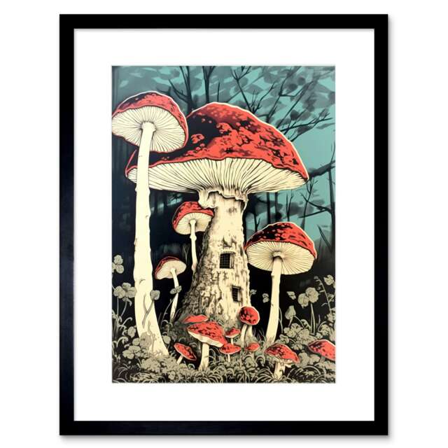 "Mushroom Fairy House Pastel Magical Forest Fantasy 9x7"" Black Framed Wall Art Print"
