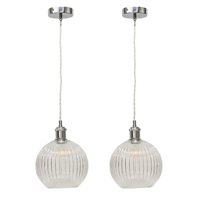 Set of 2 Betchley - Clear Ribbed Globe Chrome Retro Pendant Fittings