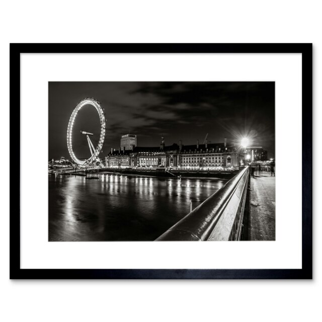 "London Eye Black White Night Black 9x7"" Black Framed Wall Art Print"