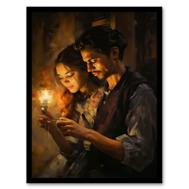 La Boheme Young Couple Candlelight Scene Oil Black Framed Wall Art Print A4