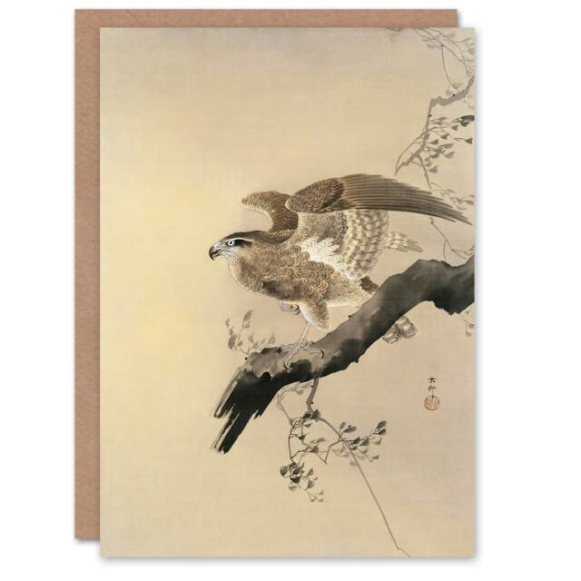 Ohara Koson Japanese Art Card Hawk Bird of Prey on Tree Branch