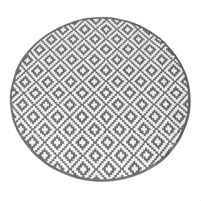 OHS Outdoor Waterproof Round Geo Garden Patio Anti-Slip Rug, 170cm - Grey/White