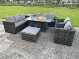 Fimous 9 Seater Outdoor Rattan Garden Furniture Gas Fire Pit Table Sets Gas Heater Lounge Chairs Dark Grey Big Footstool