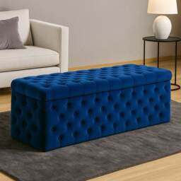 90cm Wide Lux Ottoman Storage Box, Sapphire Blue Velvet Upholstered Chesterfield Storage Ottoman Box