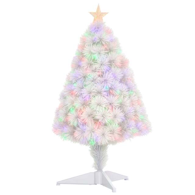 HOMCOM 2.5FT Prelit Artificial Tabletop Christmas Tree w/ Fibre Optics for Desk White