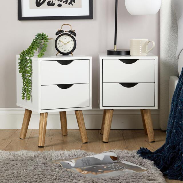 Bedside Cabinet White 2 Drawer Bedroom Side Table For Storage Wooden Legs Modern