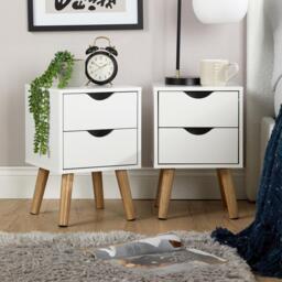 Bedside Cabinet White 2 Drawer Bedroom Side Table For Storage Wooden Legs Modern