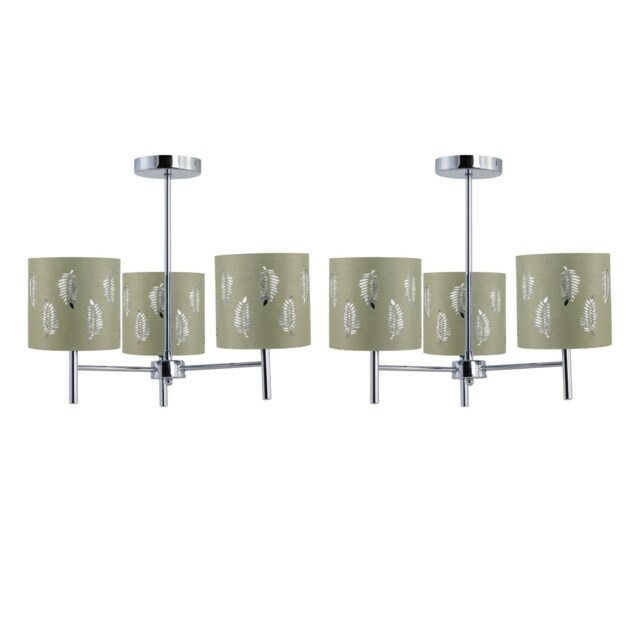 Set of 2 Brea - Chrome 3 Light Fittings with Sage Green Fern Shades Chrome Green 2