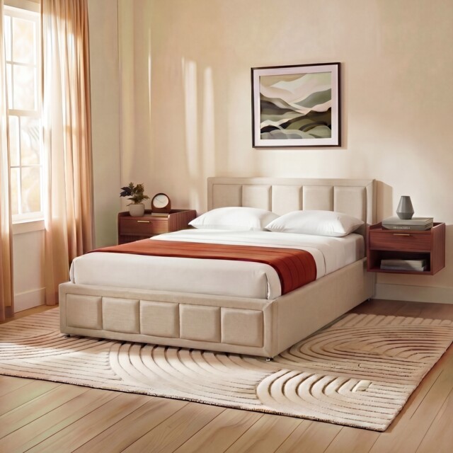 Vida Designs Vanita Double Ottoman Lift Up Fabric Storage Bed Frame, Beige