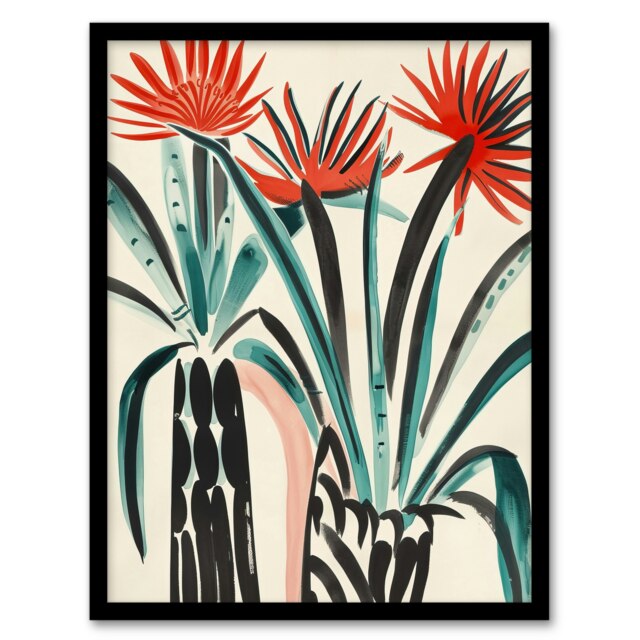 Abstract Red Dahlia Flowers Vases Living Room Black Framed Wall Art Print A4
