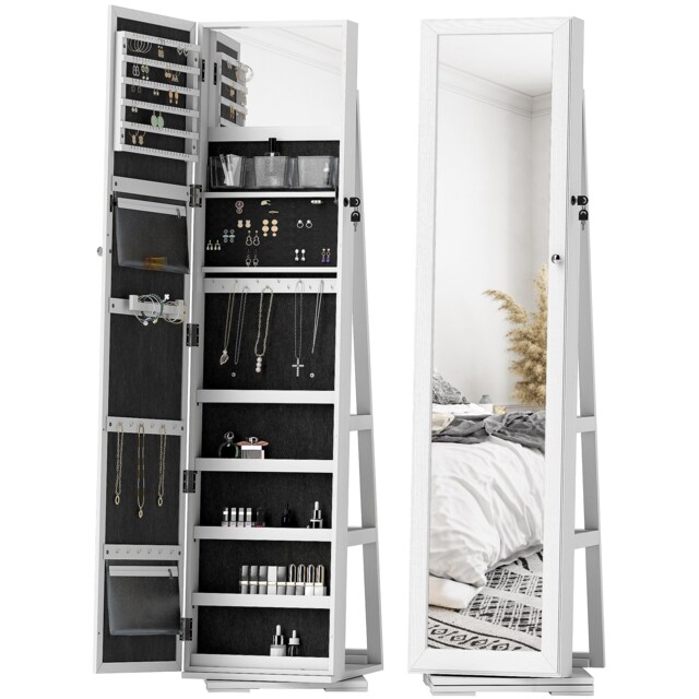 HOMCOM 360 Swivel Jewellery Cabinet, Free Standing Full Length Mirror with Storage, Lockable Jewellery Organiser with Built-in Makeup Mirror and Storage Shelves for Bedroom, White