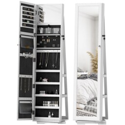 HOMCOM 360 Swivel Jewellery Cabinet, Free Standing Full Length Mirror with Storage, Lockable Jewellery Organiser with Built-in Makeup Mirror and Storage Shelves for Bedroom, White
