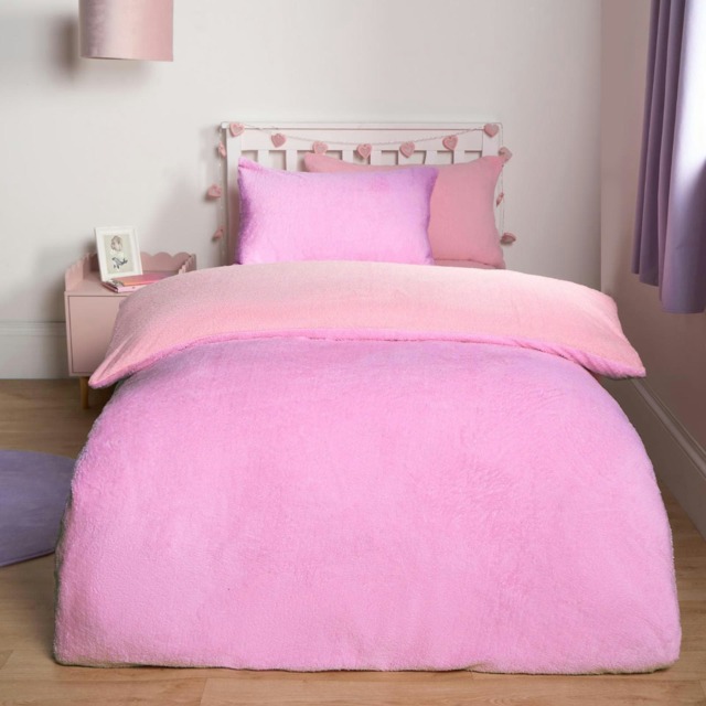 OHS Luxury Teddy Fleece Reversible Duvet Cover and Pillowcase Bedding Set Multi Pink/Lilac Double