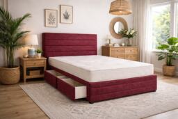 Divan Bed Set Headboard and Footboard with Mattress 3ft Single Maroon Suede Storage 2 Drawers Right Side Laying in Bed